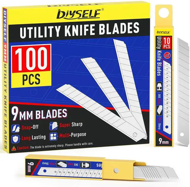 Main image of DIYSELF 100 Pack 9mm Utility Knife Blades, Box Cutter Refills (60)
