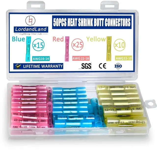 Main image of 50 Pcs Heat Shrink Butt Connector Kit, Waterproof Insulated Marine Automotive Crimp Terminals Butt Splice for Motorcycle Truck Electrical