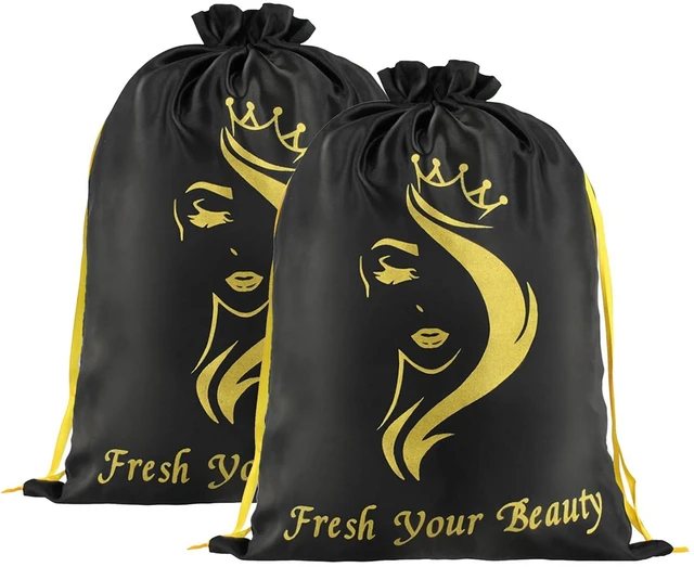 Main image of 2PCS Satin Drawstring Storage Pouches for Hair Extensions, Bundles, Styling Tools, Business Gift Containers (Black)