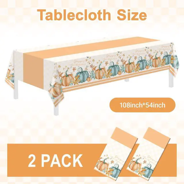 Alt view image 6 of 6 - Childom 2 PCS Thanksgiving Disposable Plastic Tablecloths 54 x 108 Inch Orange Pumpkin Maple Table Cover for Rectangle Home Parties Outdoor Picnic Baby Showering