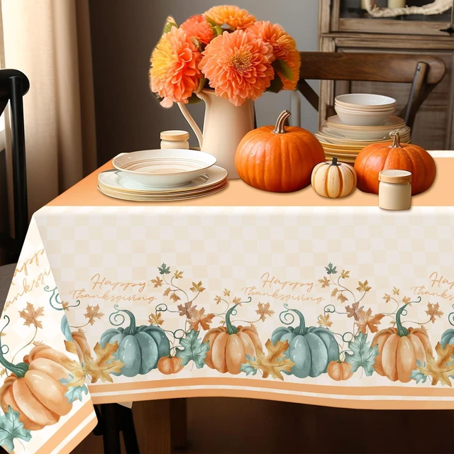 Alt view image 3 of 6 - Childom 2 PCS Thanksgiving Disposable Plastic Tablecloths 54 x 108 Inch Orange Pumpkin Maple Table Cover for Rectangle Home Parties Outdoor Picnic Baby Showering