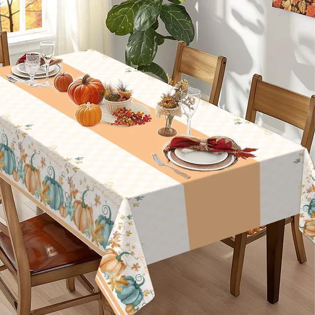 Alt view image 2 of 6 - Childom 2 PCS Thanksgiving Disposable Plastic Tablecloths 54 x 108 Inch Orange Pumpkin Maple Table Cover for Rectangle Home Parties Outdoor Picnic Baby Showering