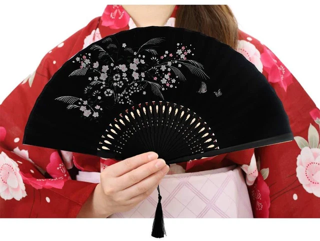 Alt view image 3 of 7 - Wobe Black Linen Fabric Folding Hand Fan with Grassflowers and Bamboo for Summer