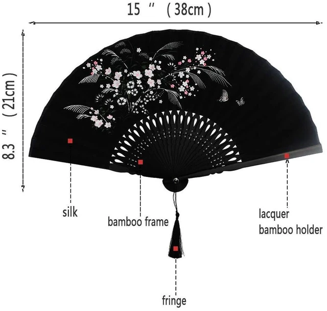 Alt view image 2 of 7 - Wobe Black Linen Fabric Folding Hand Fan with Grassflowers and Bamboo for Summer