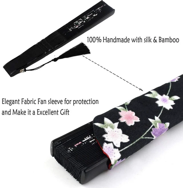 Alt view image 7 of 7 - Wobe Black Linen Fabric Folding Hand Fan with Grassflowers and Bamboo for Summer