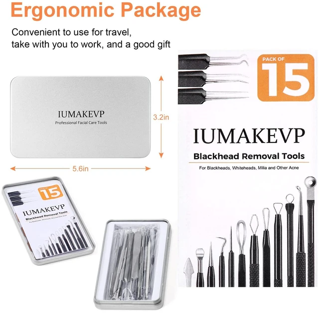 Alt view image 4 of 7 - IUMAKEVP 15-Piece Professional Stainless Steel Blackhead Remover Comedone Extractor Tool Kit for Acne Removal - Includes Metal Case (Silver)