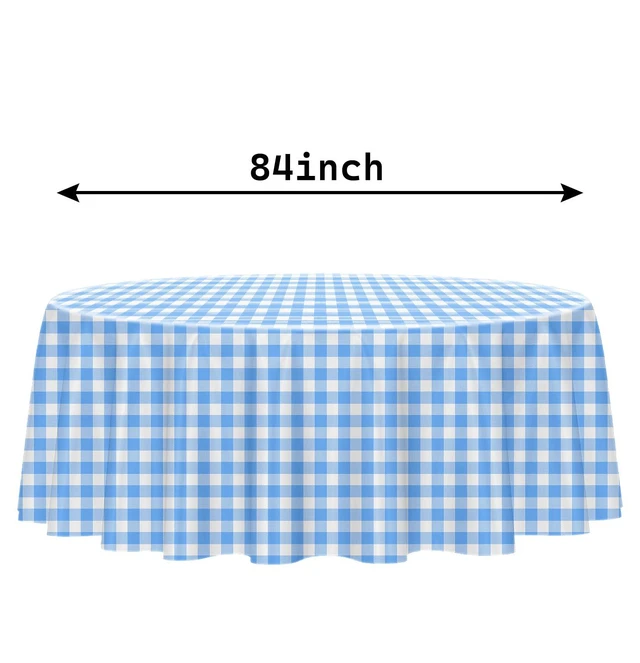 Alt view image 3 of 7 - HEIPINIUYE 2 Pack Blue and White Round Checkered Plastic Disposable Tablecloth 84x84 for Party Picnic Camping Birthday