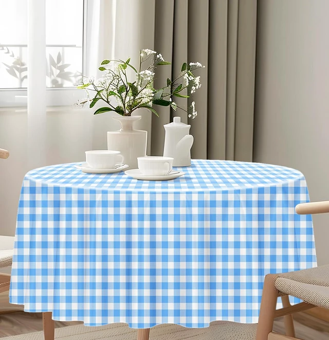 Alt view image 7 of 7 - HEIPINIUYE 2 Pack Blue and White Round Checkered Plastic Disposable Tablecloth 84x84 for Party Picnic Camping Birthday