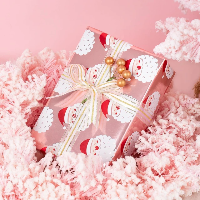 Alt view image 4 of 6 - WRAPAHOLIC Reversible Christmas Wrapping Paper Mini Roll 17in x 33ft Santa Claus and Solid Rose Gold Design with Metallic Foil Shine for Christmas Holiday Party