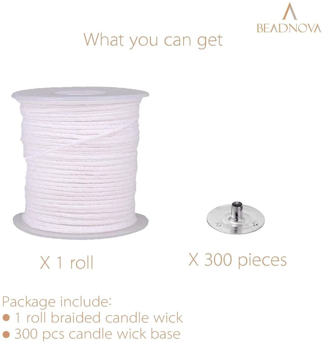 Alt view image 5 of 5 - BEADNOVA Braided Candle Wick Spool with Base Set - 200ft Cotton Candle String Roll and 300pcs Wick Clips Sustainer Tabs for DIY