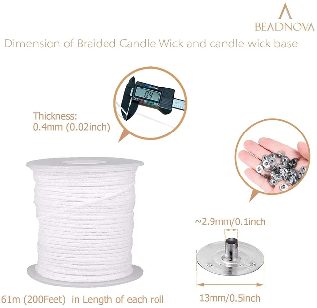 Alt view image 4 of 5 - BEADNOVA Braided Candle Wick Spool with Base Set - 200ft Cotton Candle String Roll and 300pcs Wick Clips Sustainer Tabs for DIY