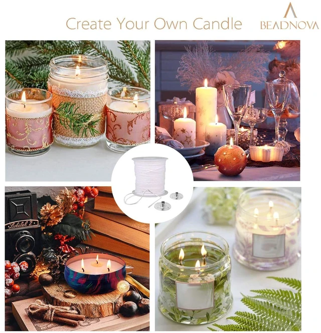 Alt view image 3 of 5 - BEADNOVA Braided Candle Wick Spool with Base Set - 200ft Cotton Candle String Roll and 300pcs Wick Clips Sustainer Tabs for DIY