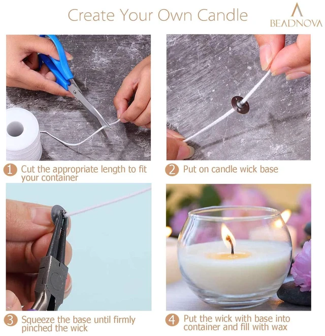Alt view image 2 of 5 - BEADNOVA Braided Candle Wick Spool with Base Set - 200ft Cotton Candle String Roll and 300pcs Wick Clips Sustainer Tabs for DIY