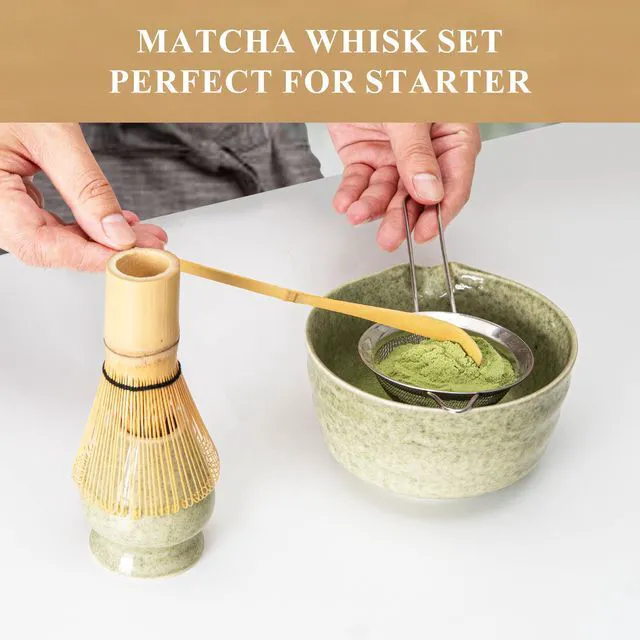 Alt view image 4 of 6 - Matcha Whisk Set with Ceramic Holder (Mottled Green), Bamboo Scoop, Powder Sifter, Spoon - Japanese Tea Tools for Ceremony Gift