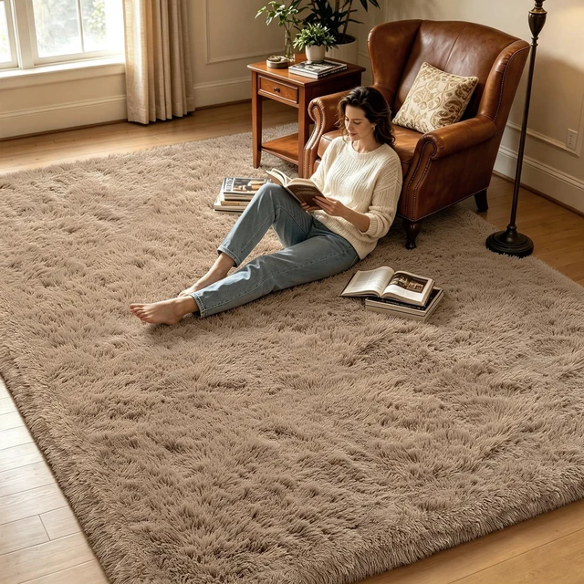 Alt view image 5 of 7 - Beige 2x4 Fluffy Shag Area Rug for Bedroom, Small Bedside Carpet
