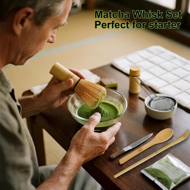 Alt view image 2 of 7 - Matcha Whisk Set with Ceramic Whisk Holder, Bamboo Scoop, Powder Starter Sifter, Spoon - Japanese Tea Tools