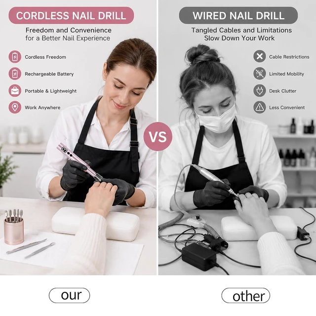 Alt view image 3 of 6 - Professional Cordless Nail Drill Kit, Electric Nail File with 5 Metal Bits, 30 Sanding Bands & Dust Cover for Manicure Pedicure Callus Removal, Salon & Home Use (Pink)