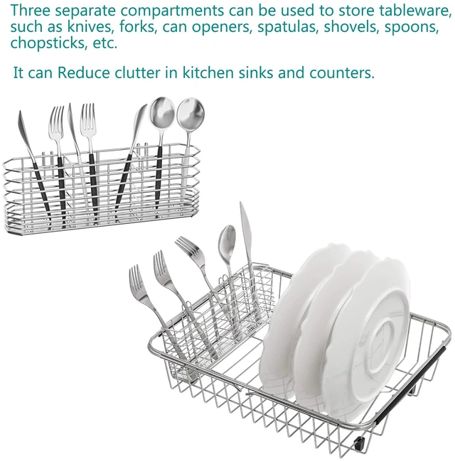 Alt view image 4 of 6 - NiuYichee 304 Stainless Steel Utensil Holder with Hooks, Dish Drying Rack, Kitchen Utensil Organizer, Knife and Fork Drainage Rack, Rust Proof, Silver