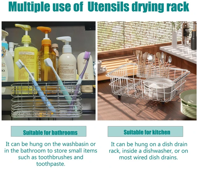 Alt view image 6 of 6 - NiuYichee 304 Stainless Steel Utensil Holder with Hooks, Dish Drying Rack, Kitchen Utensil Organizer, Knife and Fork Drainage Rack, Rust Proof, Silver