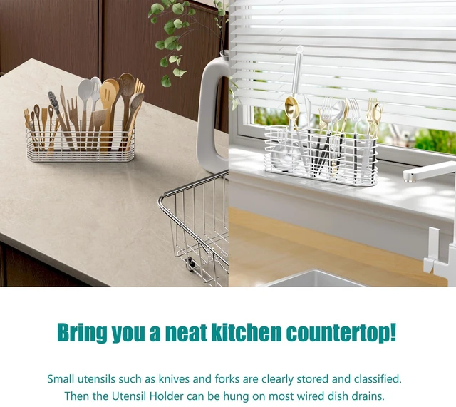 Alt view image 3 of 6 - NiuYichee 304 Stainless Steel Utensil Holder with Hooks, Dish Drying Rack, Kitchen Utensil Organizer, Knife and Fork Drainage Rack, Rust Proof, Silver