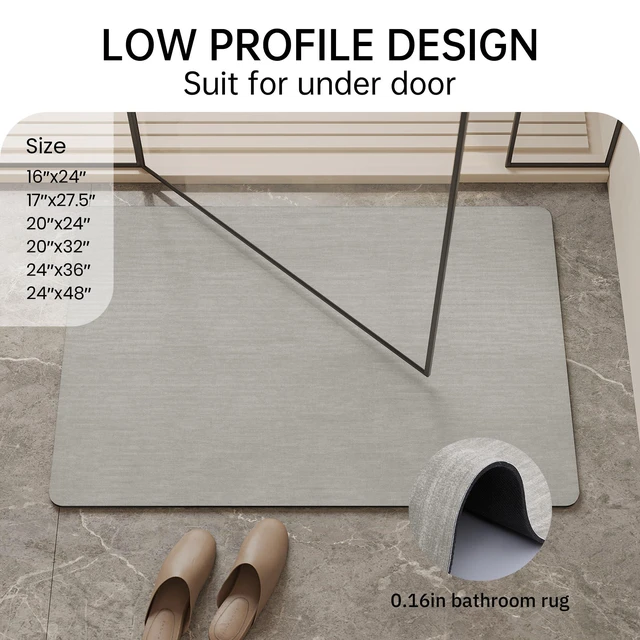 Alt view image 6 of 6 - Mecko Bath Mat 16"x24", Ultra Thin Bathroom Rug Fits Under Door, Light Grey