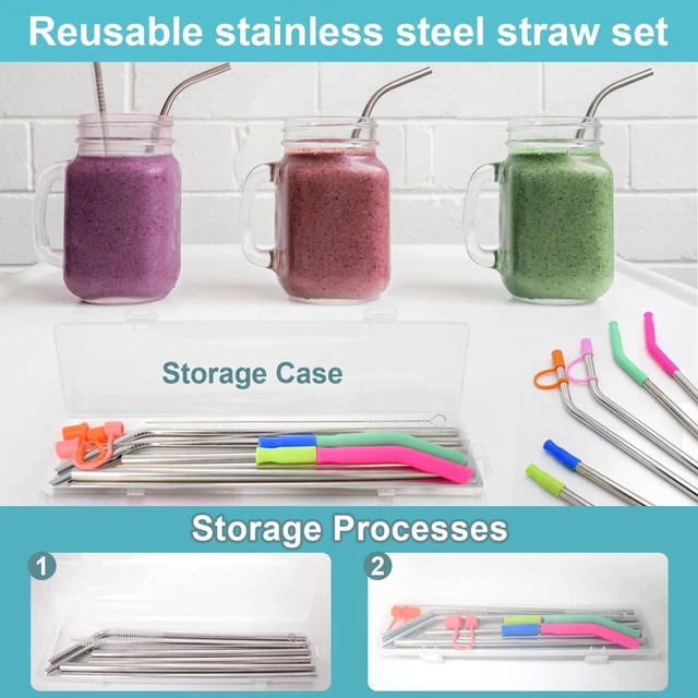 Alt view image 5 of 7 - Reusable Stainless Steel Straws Set 6 PCS with 6 Silicone Tips, 2 Straw Brush, 1 Storage Case, Different Sizes of Metal Straws Reusable, Suitable for 14, 20, 30 oz Cups Tumbler, for Hot/Cold Drinks