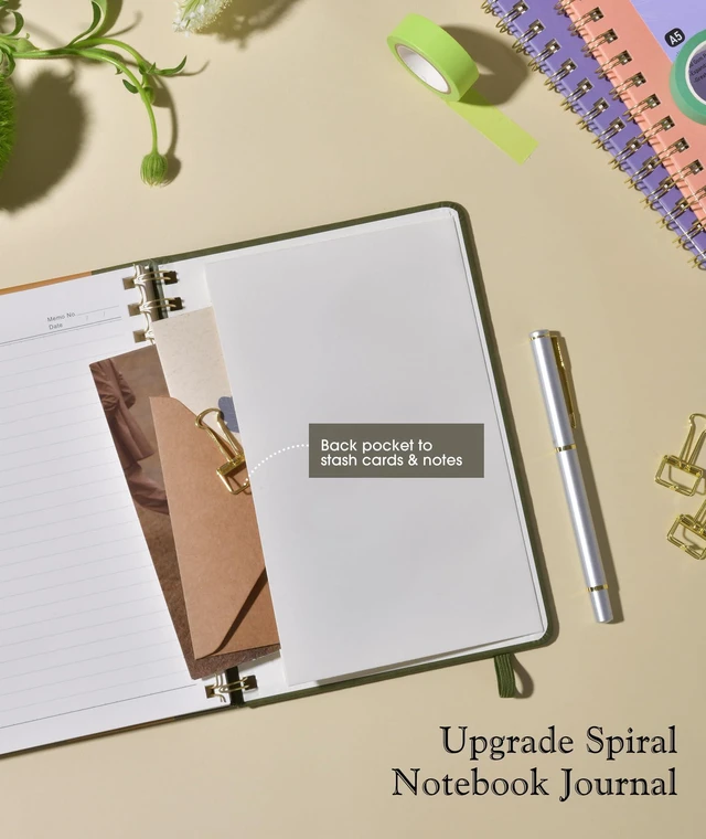 Alt view image 4 of 7 - A5 Hardcover Spiral Journal Notebook, 150 Numbered Pages, 100 GSM College Ruled, 5.75" x 8.38", Olive Green