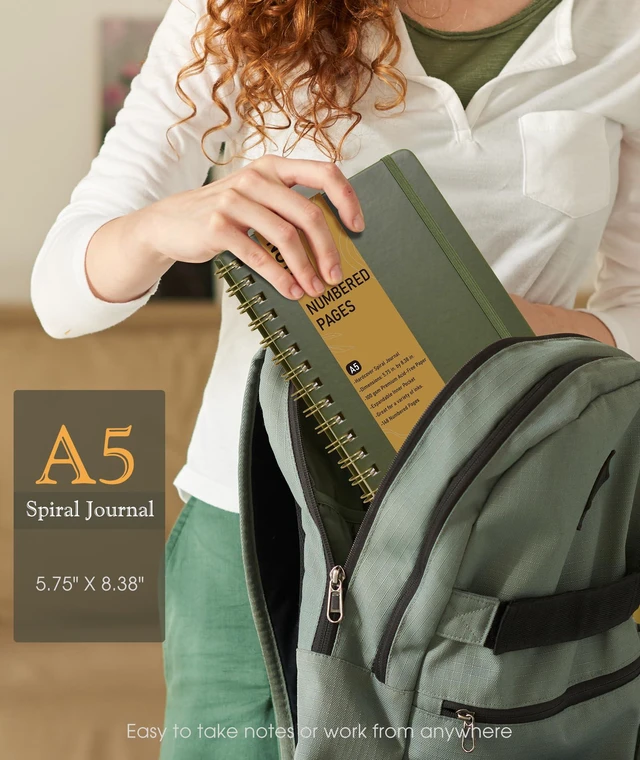 Alt view image 5 of 7 - A5 Hardcover Spiral Journal Notebook, 150 Numbered Pages, 100 GSM College Ruled, 5.75" x 8.38", Olive Green