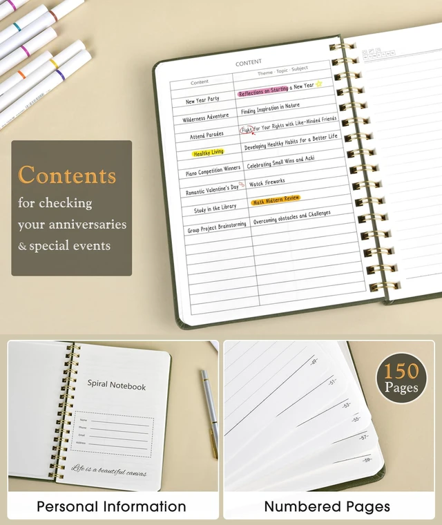Alt view image 2 of 7 - A5 Hardcover Spiral Journal Notebook, 150 Numbered Pages, 100 GSM College Ruled, 5.75" x 8.38", Olive Green