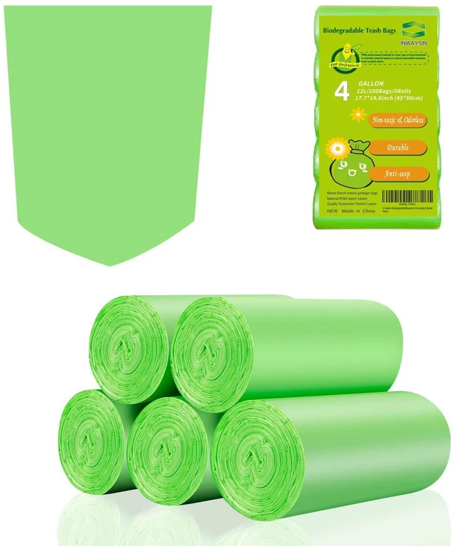 Main image of Inwaysin 4 Gallon Biodegradable Compostable Small Trash Bags, 100 Count, Unscented, Green, for Bathroom Kitchen Office Car, Strong Thick Bulk Liners