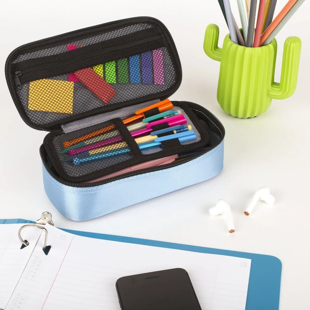 Alt view image 2 of 6 - Five Star High-Capacity Zipper Pencil Pouch & Storage Organizer for School Supplies, Earbuds, Chargers, Cables & Makeup, Blue/Denim (500212F-ECM)