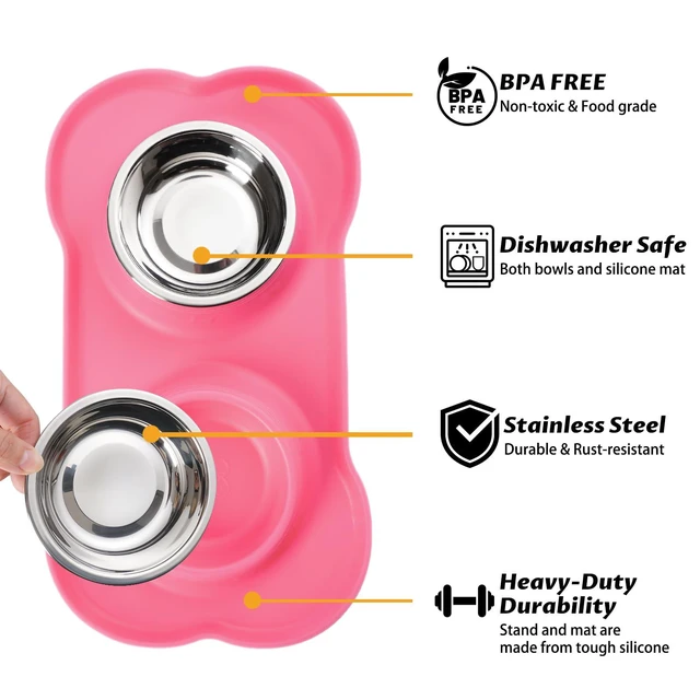 Alt view image 3 of 6 - Hubulk 2 Stainless Steel Dog Bowls with No Spill Non-Skid Silicone Mat and Pet Food Scoop for Small Medium Large Dogs Cats (S, Pink)