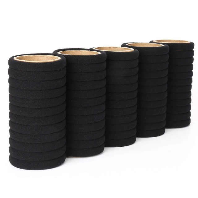 Alt view image 5 of 5 - Qarwayoc 50PCS Black Cotton Seamless Hair Ties, Elastic Ponytail Holders, 2-Inch Diameter, No Damage for Thick Hair