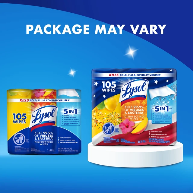Alt view image 5 of 5 - Lysol Disinfecting Wipes, Multi Surface Antibacterial, Lemon + Mango & Hibiscus + Crisp Linen Scent, 105 Count (3 Packs of 35)