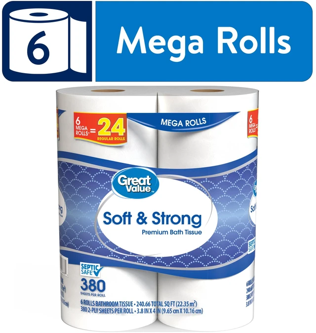 Main image of Great Value Soft & Strong Premium Toilet Paper, 6 Mega Rolls, 380 Sheets per Roll