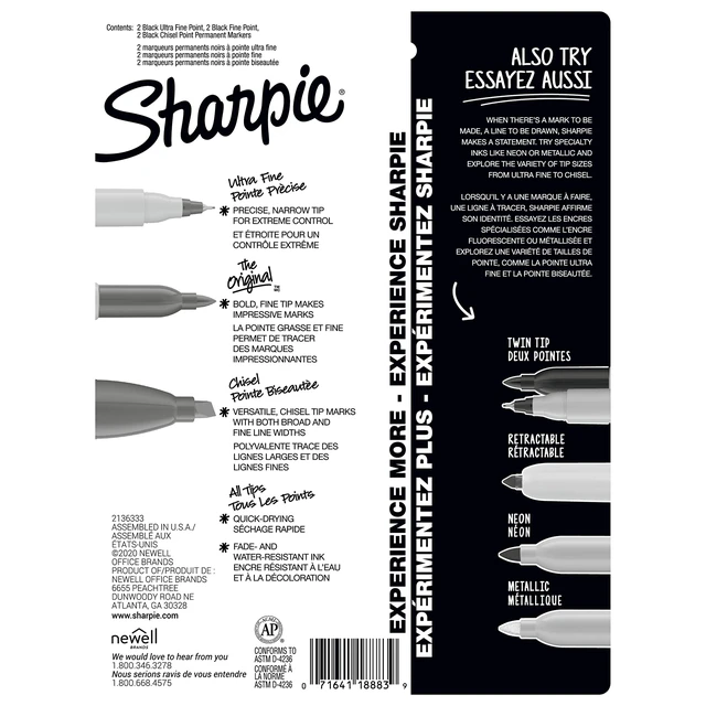 Alt view image 3 of 6 - Sharpie Permanent Markers Variety Pack, Chisel, Fine, and Ultra-Fine Tips, Black, 6 Count