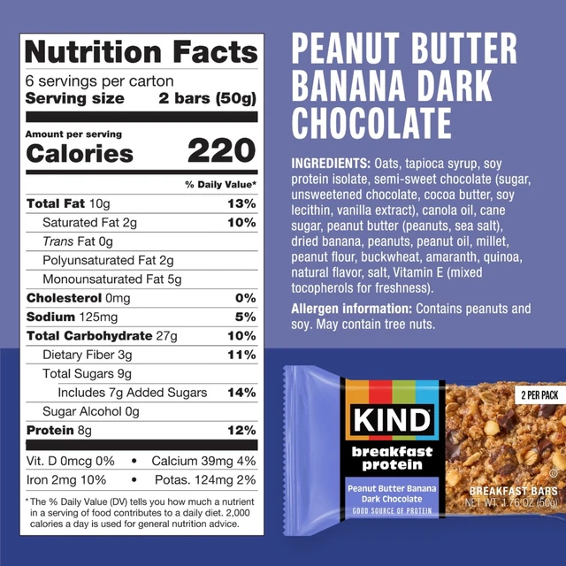 Alt view image 5 of 6 - KIND Breakfast Peanut Butter Banana Dark Chocolate Gluten Free Protein Snack Bars, 1.76 oz, 6 Count
