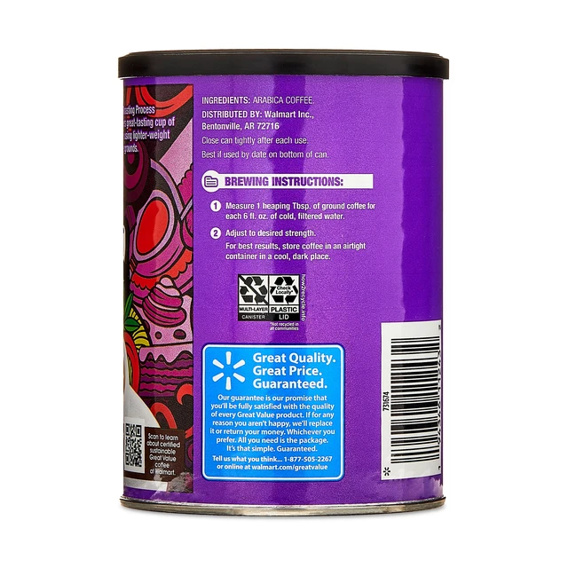 Alt view image 6 of 6 - Great Value Colombian Roast Ground Coffee, Naturally Caffeinated, 9.6oz Canister