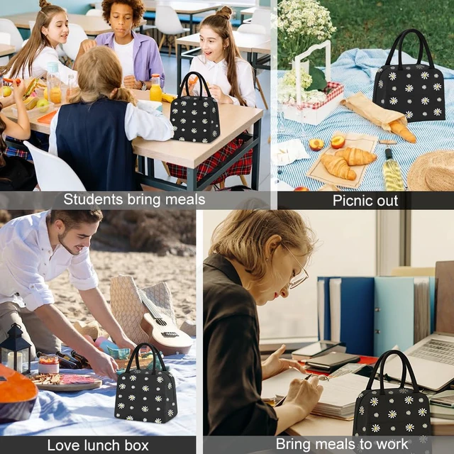 Alt view image 2 of 7 - Reusable Insulated Lunch Bag Small Daisy Pattern Portable Thermal Lunch Box Tote Cooler Bag for Adults Work Any Occasion