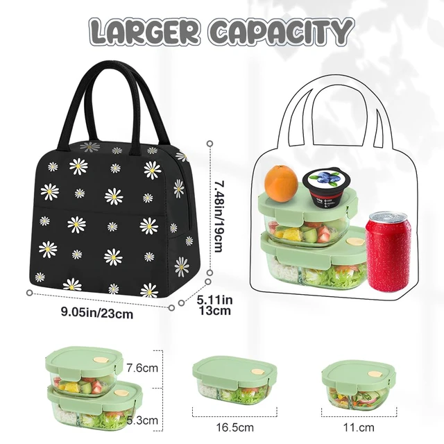 Alt view image 3 of 7 - Reusable Insulated Lunch Bag Small Daisy Pattern Portable Thermal Lunch Box Tote Cooler Bag for Adults Work Any Occasion