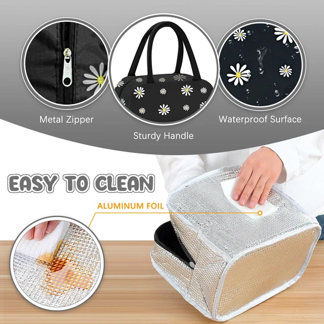 Alt view image 6 of 7 - Reusable Insulated Lunch Bag Small Daisy Pattern Portable Thermal Lunch Box Tote Cooler Bag for Adults Work Any Occasion
