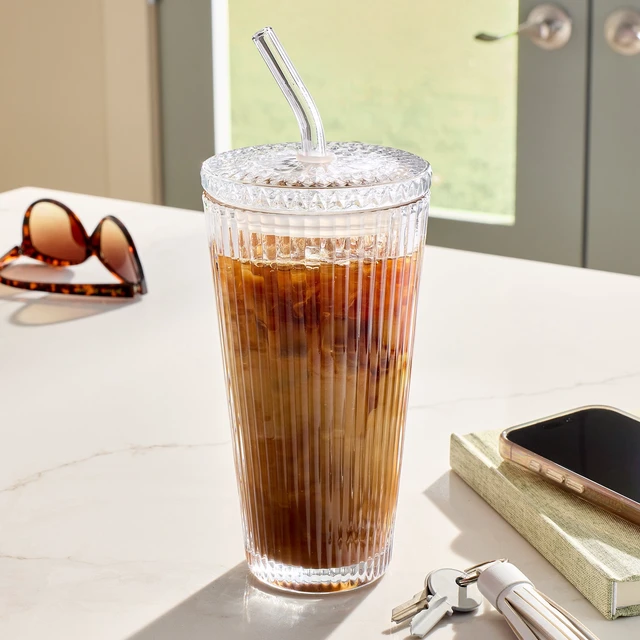 Alt view image 6 of 6 - Better Homes & Gardens 21oz Ribbed Glass Tumbler with Glass Lid and Straw