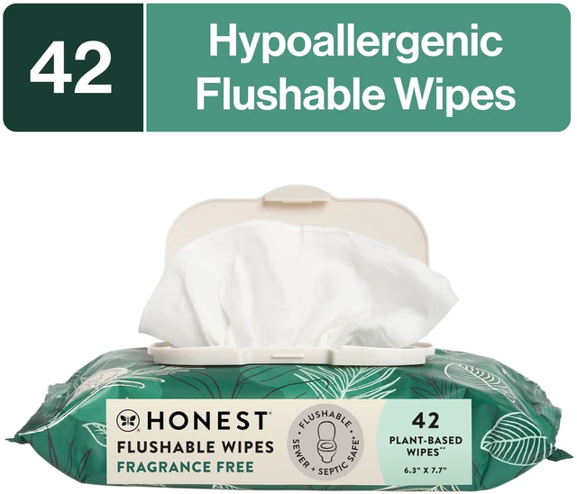 Main image of The Honest Company Flushable Wipes for Adults, Fragrance Free and Hypoallergenic, Tropical Leaves, 42 Count