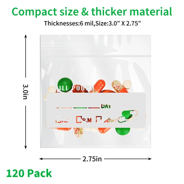 Alt view image 5 of 6 - Urekt Pill Pouch Bags 120 Pack, 6 Mil BPA Free Reusable 3 x 2.75 Inch Medicine Bags with Write on Label, Clear Ziplock Seal Waterproof AM PM Pill Organizer