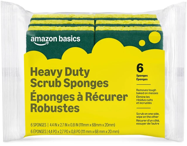 Main image of Amazon Basics Heavy Duty Dual-Sided Scrub Sponges, 6-Pack, 4.4in x 2.7in x 0.8in, Yellow/Green, Reusable