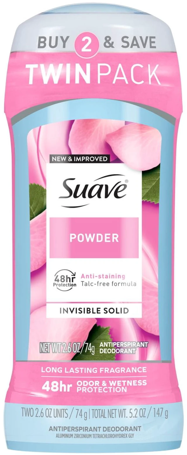 Main image of Suave Antiperspirant Deodorant for Women, 48hr Protection, Powder, 2.6 oz, Twin Pack