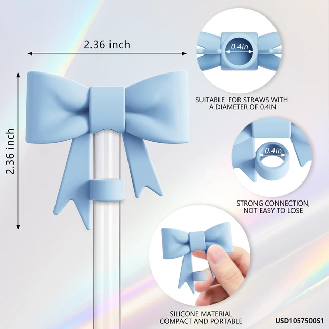 Alt view image 7 of 7 - 3Pcs 10mm Bow Straw Topper Compatible With Stanley Cup, 2pcs Blue Bow Charms For 30oz & 40oz Tumbler With Handle
