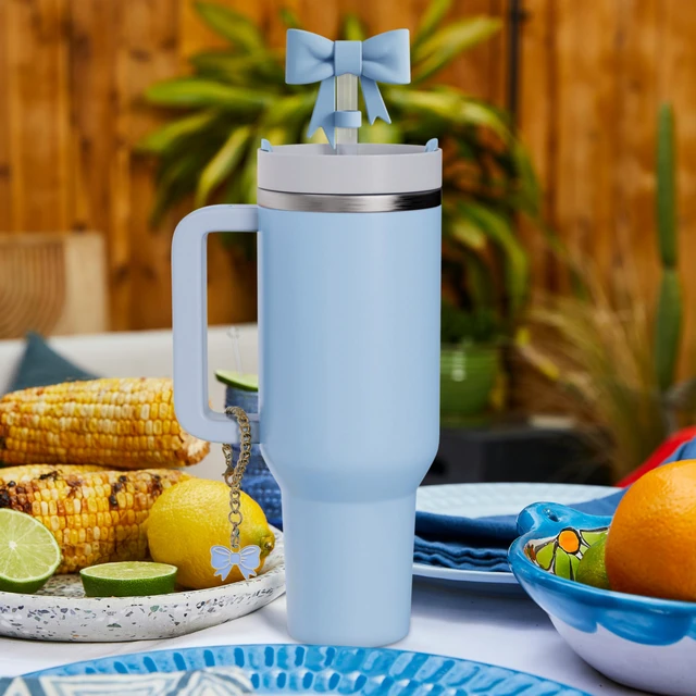 Alt view image 5 of 7 - 3Pcs 10mm Bow Straw Topper Compatible With Stanley Cup, 2pcs Blue Bow Charms For 30oz & 40oz Tumbler With Handle