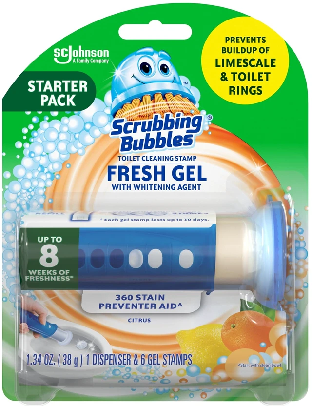 Main image of Scrubbing Bubbles Fresh Gel Cleaning Stamp Automatic Toilet Bowl Cleaner, Citrus, Dispenser & 6 Gel Stamps