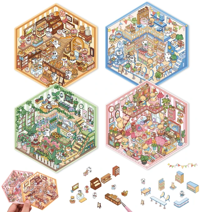 Main image of DIY 3D House Scene Stickers - 4 Sets, Warm Home, Supermarket, Bakery, Flower Shop, Cute Fun Stacking Miniature Cartoon for Adults and Kids Stress Relief and Pass the Time